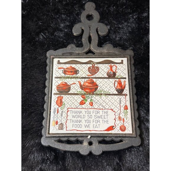 Vintage Cast Iron Trivet With Thank You For The World So Sweet Prayer & Teapot - Picture 1 of 7